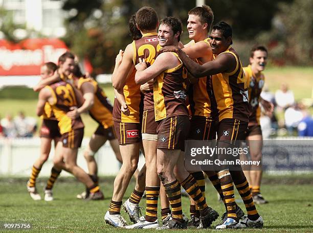 The Box Hill Hawks celebrate winning the VFL Reserves Grand Final match between Sandringham and the Box Hill Hawks at Teac Oval on September 20, 2009...