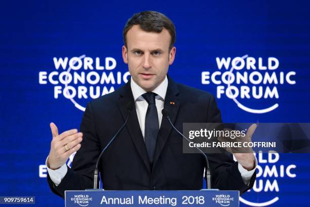 French President Emmanuel Macron addresses the annual World Economic Forum on January 24, 2018 in Davos, eastern Switzerland. - -