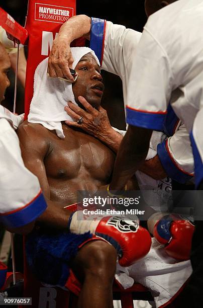 Floyd Mayweather Jr. In his corner against Juan Manuel Marquez of Mexico during their welterweight bout at the MGM Grand Garden Arena September 19,...