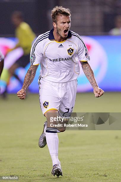David Beckham of the Los Angeles Galaxy celebrates scoring a goal against Toronto FC during their MLS game at The Home Depot Center on September 19,...