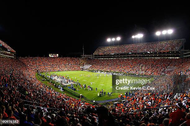 General view of Jordan-Hare Stadium during the game between the Auburn Tigers and the West Virginia Mountaineers on September 19, 2009 in Auburn,...