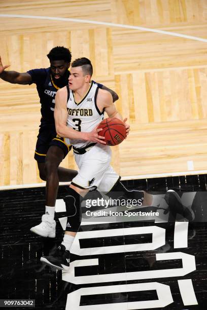 Fletcher Magee guard Wofford College Terriers races to the basket against the University of Tennessee Chattanooga Mocs, Saturday, January 20 at...