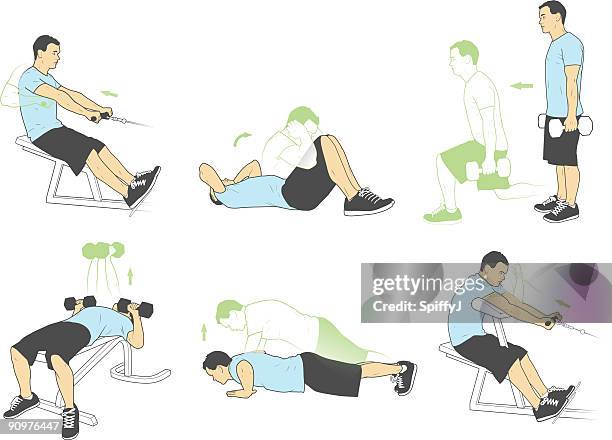 gewichtheben und übungen (vektor - rumpfbeuge stock-grafiken, -clipart, -cartoons und -symbole