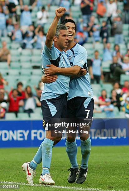 Steve Corica of Sydney celebrates with Brendan Gan after scoring a goal during the round seven A-League match between Sydney FC and the Newcastle...