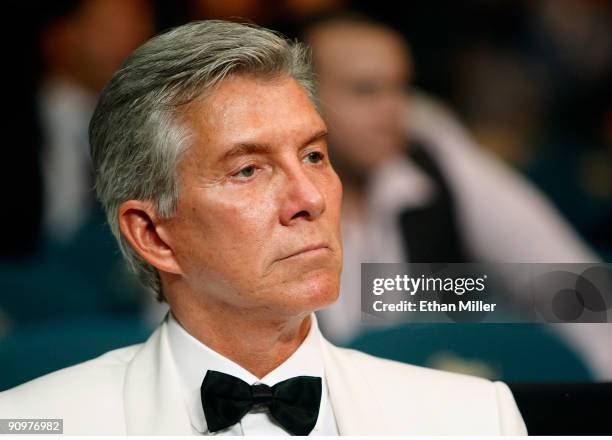 Boxing ring announcer Michael Buffer watches an undercard fight at the Floyd Mayweather Jr. And Juan Manuel Marquez bout at the MGM Grand Garden...