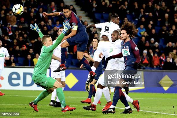 Adrien Rabiot of Paris Saint-Germain scores a goal during the French National Cup match between Paris Saint Germain and EA Guingamp at Parc des...