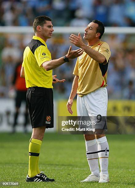 Sasho Petrovski of the Jets argues with referee Ben Williams during the round seven A-League match between Sydney FC and the Newcastle Jets at the...