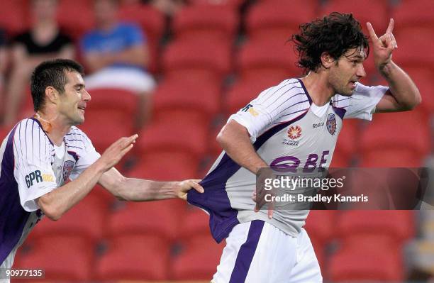 Wayne Srhoj of the Glory celebrates after scoring a goal during the round seven A-League match between the Brisbane Roar and Perth Glory at Suncorp...