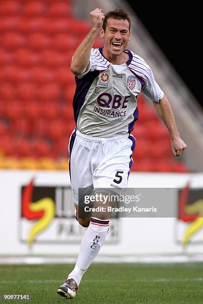 Jamie Harnwell of the Glory celebrates after scoring a goal during the round seven A-League match between the Brisbane Roar and Perth Glory at...