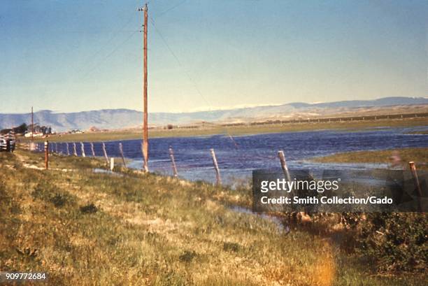 Photograph of a large pool of tailwater accumulated from an irrigation field, posing a risk of becoming mosquito vector breeding ground, in Wyoming,...