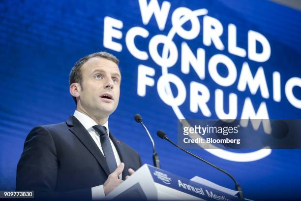 Emmanuel Macron, France's president, speaks during a special address on day two of the World Economic Forum in Davos, Switzerland, on Wednesday, Jan....
