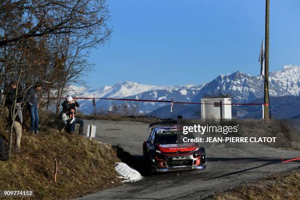 Britich's driver Kris Meeke and his co-pilot Paul Nagle steer their Citroen C3 WRC on January 24, 2018 in Gap, southeastern France, during the...