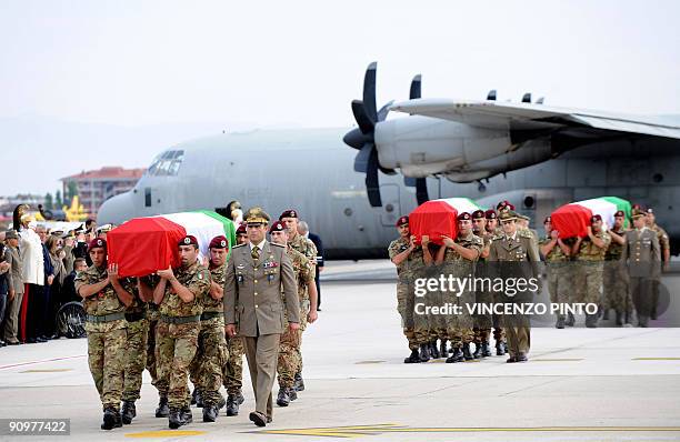 Coffins with bodies of six Italian soldiers of the NATO-led International Security Assistance Force killed in a suicide attack in Kabul on September...