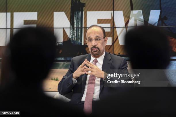 Khalid Al-Falih, Saudi Arabia's energy and industry minister, gestures while speaking during a panel session on day two of the World Economic Forum...