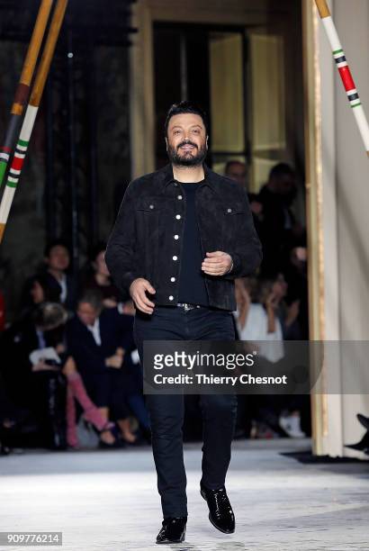 Lebanese designer Zuhair Murad acknowledges the audience at the end of the Zuhair Murad Spring Summer 2018 show as part of Paris Fashion Week on...