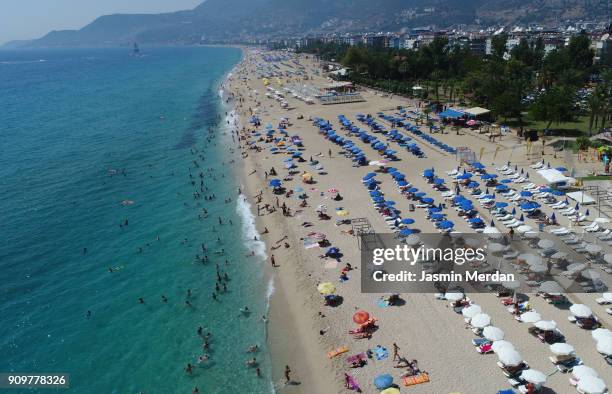 aerial view of summer sea beach - crowded beach stock pictures, royalty-free photos & images