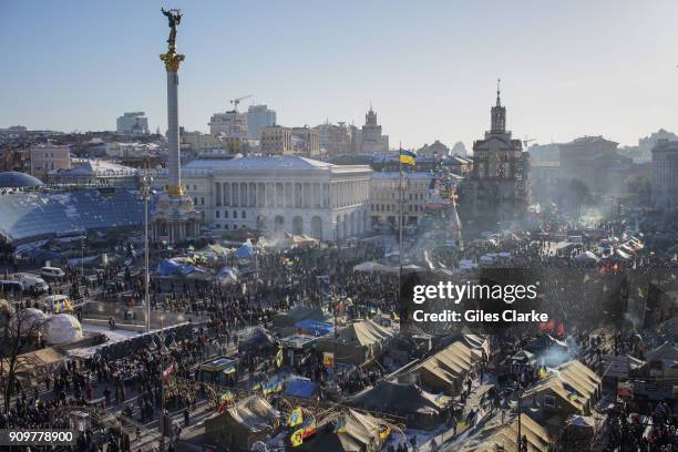 Aerial view of Independence Square in Kiev during uprising of 2014.