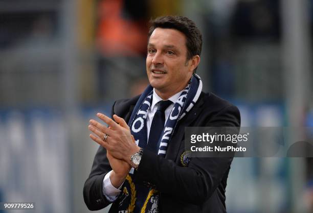 Massimo Oddo greets the fans of the Curva Nord during the Italian Serie A football match between S.S. Lazio and Udinese at the Olympic Stadium in...