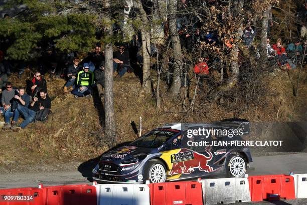 Welsh's driver Elfyn Evans and his co-pilot Daniel Barritt steer their Ford Fiesta RS WRC on January 24, 2018 in Gap, southeastern France, during the...