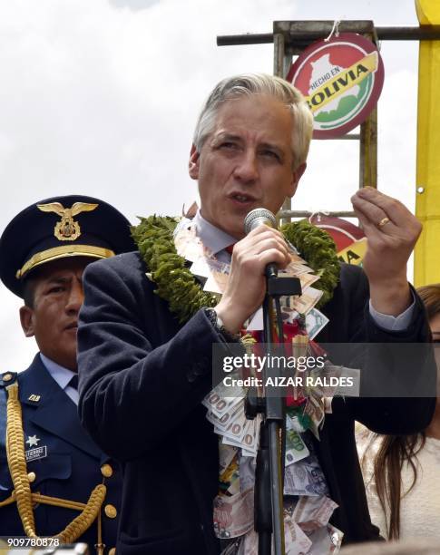 Bolivian Vice-President Alvaro Garcia Linera delivers a speech during the inauguuration of the Alasitas Fair in La Paz on January 24, 2018. In this...