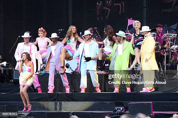 Nadine Coyle, Nicola Roberts, Kimberley Walsh, Cheryl Cole and Sarah Harding of Girls Aloud perform at Wembley Stadium as part of Coldplay's Viva La...