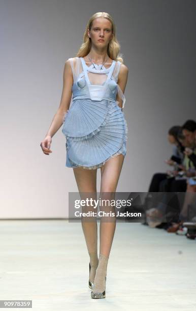 Model walks down the catwalk at the Louise Goldin Spring/Summer 2010 show during London Fashion Week at the TopShop Show Space on September 20, 2009...