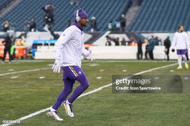 FMinnesota Vikings wide receiver Stefon Diggs warms up prior to the start of the NFC Championship Game between the Minnesota Vikings and the...