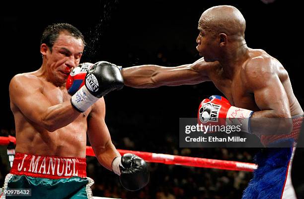 Floyd Mayweather Jr. Hits Juan Manuel Marquez in the eighth round of their fight at the MGM Grand Garden Arena September 19, 2009 in Las Vegas,...