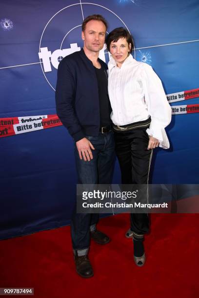 Mark Waschke and Meret Becker attend the 'Tatort: Meta' premiere at Delphi Filmpalast on January 24, 2018 in Berlin, Germany.