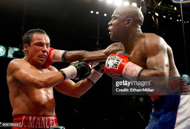 Floyd Mayweather Jr. Hits Juan Manuel Marquez in the 11th round of their fight at the MGM Grand Garden Arena September 19, 2009 in Las Vegas, Nevada....