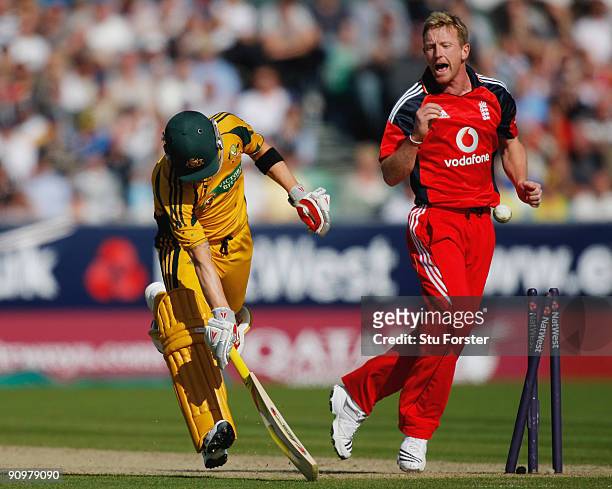 Australian batsman Michael Clarke is run out by Paul Collingwood during the 7th NatWest ODI between England and Australia at The Riverside on...