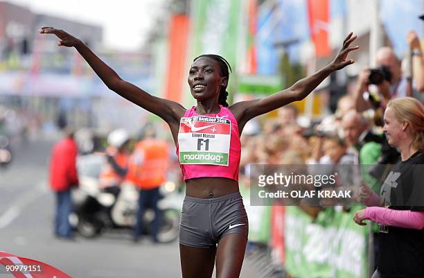 Linet Masai of Kenya celebrates after winning the womens 'Dam tot Damloop' on September 20, 2009 in Zaandam, the Netherlands. The race is ten English...