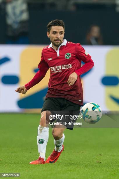 Julian Korb of Hannover controls the ball during the Bundesliga match between FC Schalke 04 and Hannover 96 at Veltins-Arena on January 21, 2018 in...