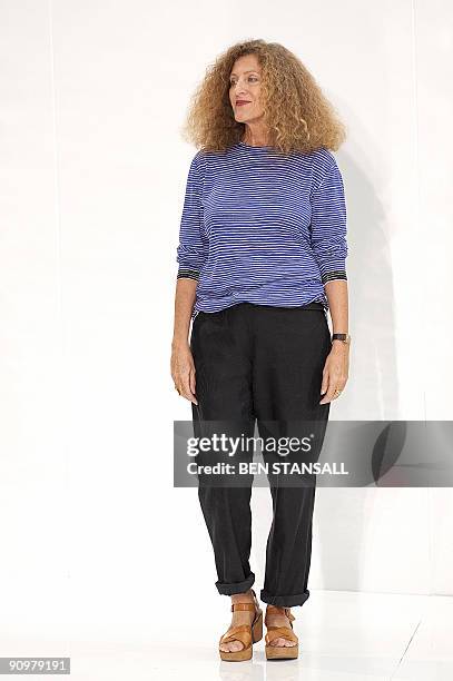 Designer Nicole Farhi acknowledges the public at the end of her Spring/Summer 2010 collection show on the third day of the London Fashion Week, in...