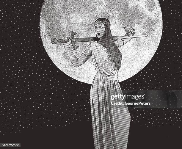strong, independent woman holding sword and wearing classical grecian dress - moon goddess stock illustrations