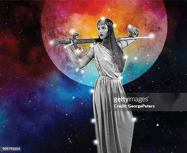 warrior goddess constellation with full moon - goddess stock illustrations