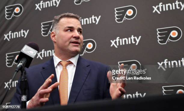 Hall Of Famer and former Philadelphia Flyer Eric Lindros speaks during a press conference prior to his Jersey Retirement Night ceremony on January...
