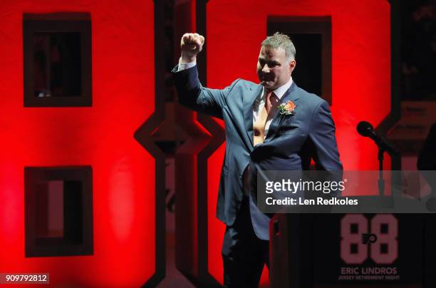 Hall of Famer and former Philadelphia Flyer Eric Lindros reacts to the crowd during his Jersey Retirement Night ceremony, prior to a NHL game between...