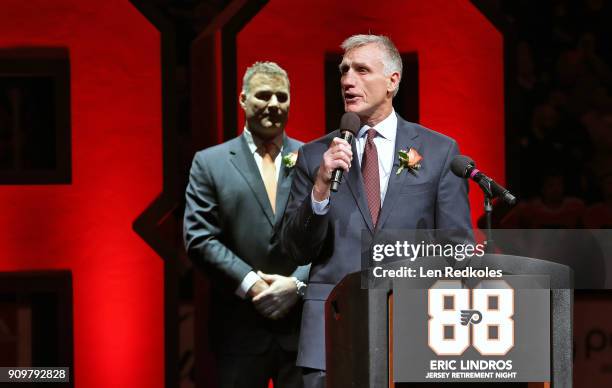 Flyers President Paul Holmgren speaks during the Eric Lindros Jersey Retirement Night ceremony with NHL Hall of Famer and former Philadelphia Flyer...