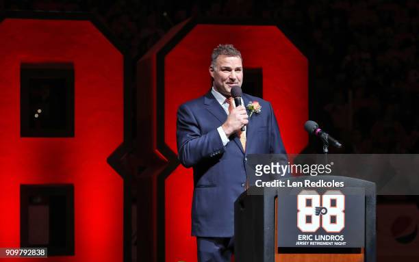 Hall of Famer and former Philadelphia Flyer Eric Lindros speaks to the crowd during his Jersey Retirement Night ceremony, prior to a NHL game between...
