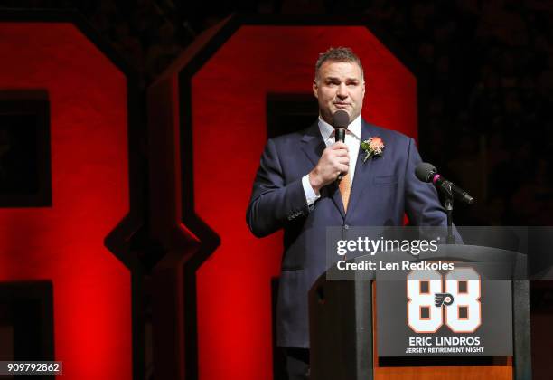 Hall of Famer and former Philadelphia Flyer Eric Lindros speaks to the crowd during his Jersey Retirement Night ceremony, prior to a NHL game between...