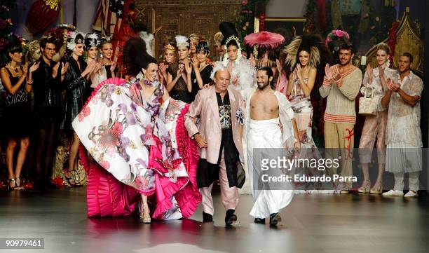 Designer Francis Montesinos -center- and dancer Rafael Amargo walks the runway in the Francis Montesinos show during Cibeles Madrid Fashion Week...