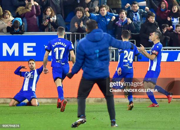 Alaves' Spanish forward Ruben Sobrino celebrates after scoring his team's second goal during the Spanish 'Copa del Rey' quarter-final second leg...