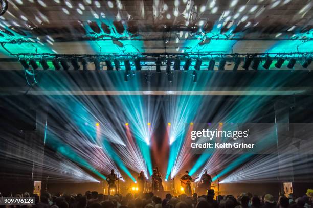 Michael Bont, Paul Hoffman, Mike Devol, Dave Bruzza, & Anders Beck of Greensky Blusgrass perform at Old National Theatre on January 18, 2018 in...