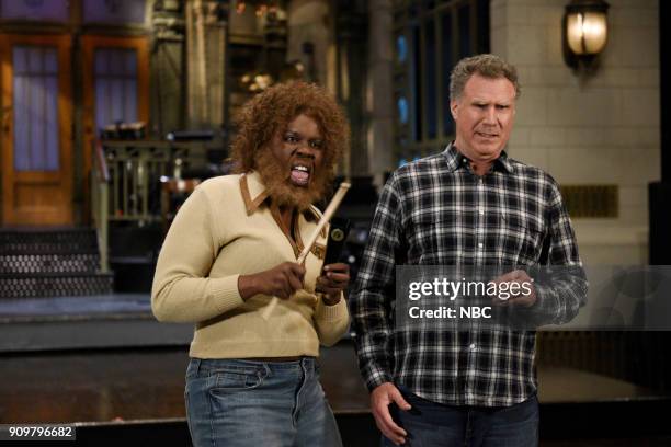 Episode 1737 -- Pictured: Leslie Jones with Host Will Ferrell during a promo in 30 Rockefeller Plaza --