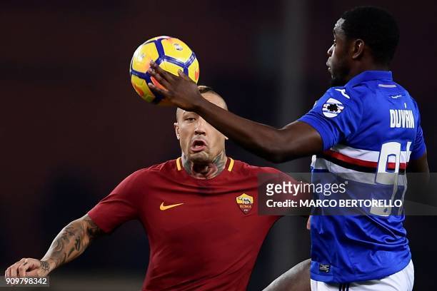 Roma's midfielder Radja Nainggolan from Belgium vies with Sampdoria's forward Duvan Zapata from Colombia during the Italian Serie A football match...