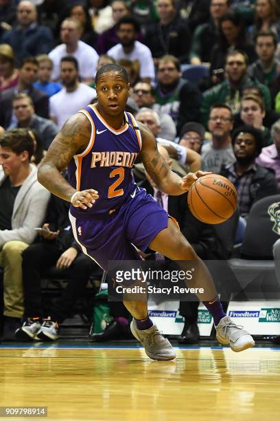Isaiah Canaan of the Phoenix Suns handles the ball during a game against the Milwaukee Bucks at the Bradley Center on January 22, 2018 in Milwaukee,...