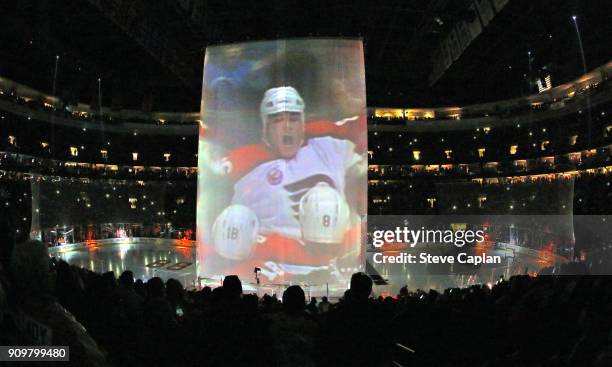 View of the retirement number ceremony of NHL Hall of Famer and former Philadelphia Flyers Eric Lindros prior to a game against the Toronto Maple...