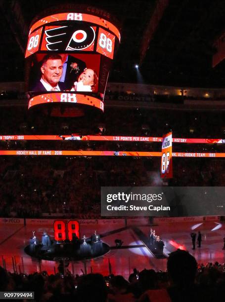 The retired number banner is pictured rising to the rafters during the Jersey Retirement Night ceremony of NHL Hall of Famer and former Philadelphia...