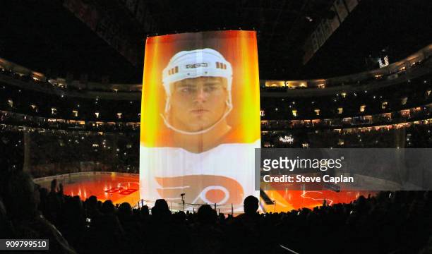 View of the retirement number ceremony of NHL Hall of Famer and former Philadelphia Flyers Eric Lindros prior to a game against the Toronto Maple...